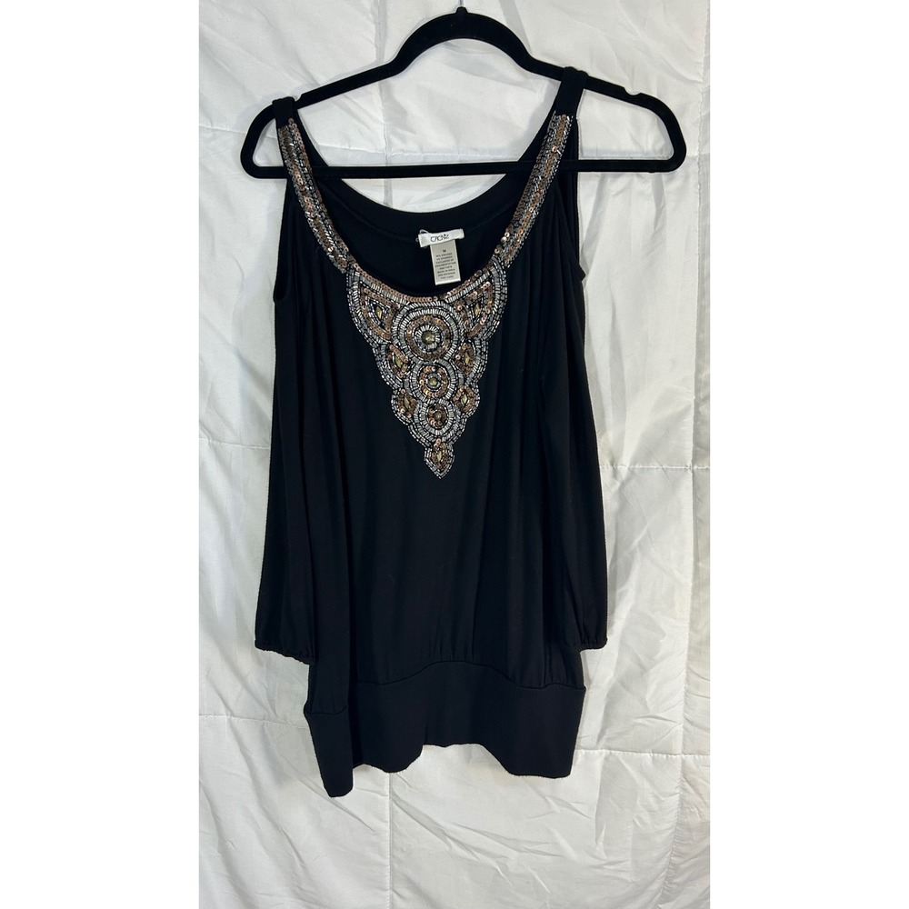 Cache Black Cold Shoulder Embellished Beaded‎ Neckline Top Women's Size M